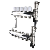 Коллекторная группа с регулирующими и балансировочными клапанами в сборе 1"х3/4" евроконус 8 вых. нерж. сталь Valtec VTc.588.EMNX.0608