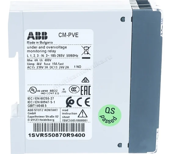 Реле контроля напряжения ABB CM-PBE (контроль 3 фаз) (контроль обрыва фазы L1-L2-L3 3x380-440В ) 1SVR550882R9500