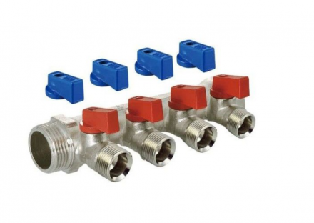 Коллектор TIM с шаровыми кранами никелированный под плоскую прокладку. 3/4*1/2 (4 выхода) MV03N-4F