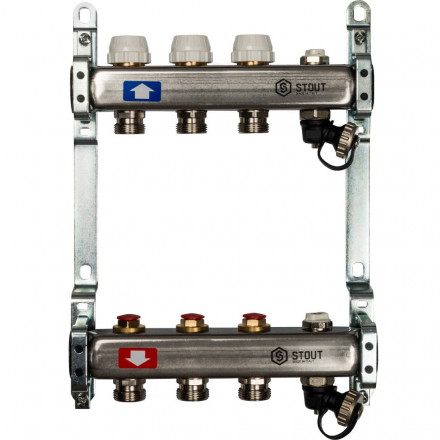 Коллектор STOUT из нерж.стали без расх-ров, с клапаном вып. воздуха и сливом 3 вых. SMS-0932-000003