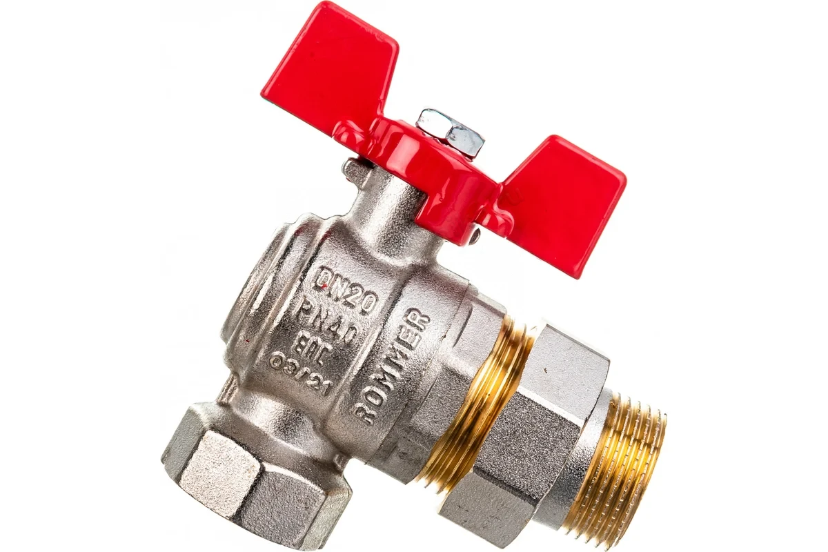 Кран Rommer шаровой 3/4" полнопроходной угловой с американкой ВН/НР RBV-0006-0610220