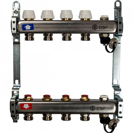 Коллектор STOUT из нерж.стали без расх-ров, с клапаном вып. воздуха и сливом 4 вых. SMS-0932-000004