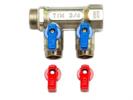 Коллектор TIM с шаровыми кранами никелированный под плоскую прокладку. 3/4*1/2 (2 выхода) MV03N-2F