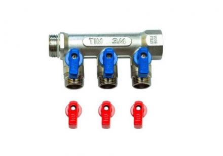 Коллектор TIM с шаровыми кранами никелированный под плоскую прокладку. 3/4*1/2 (3 выхода) MV03N-3F