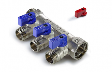 Коллектор TIM с шаровыми кранами никелированный под плоскую прокладку. 3/4*1/2 (3 выхода) MV03N-3F