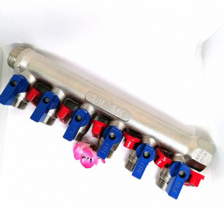 Коллектор распределительный TIM 3/4", 6 выходов 1/2" под "конус", с шаровыми кранами, латунь MV-3/4-N-6