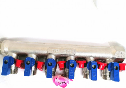 Коллектор распределительный TIM 3/4", 6 выходов 1/2" под "конус", с шаровыми кранами, латунь MV-3/4-N-6