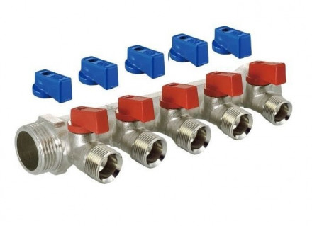 Cантехнический коллектор с шаровыми кранами TIM 3/4" - Ф16 /5вых., никелиров. под конус MV-1-NE-5