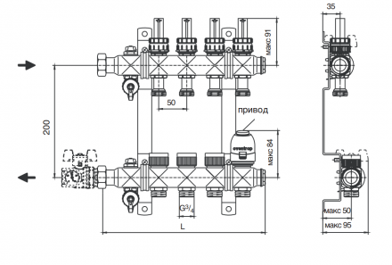 Гребенка Oventrop "Multidis SF" 1" для радиаторного отопления на 8 контуров, из нерж.стали 1404558 схема