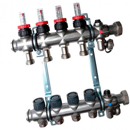 Гребенка Oventrop "Multidis SF" 1" для радиаторного отопления с ротаметрами на 4 контура, из нерж.стали 1404354