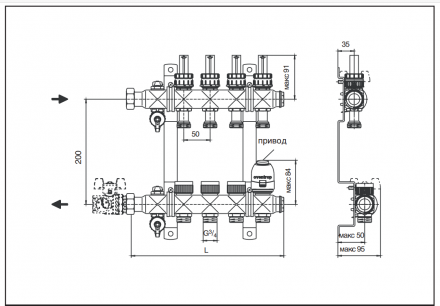 Гребенка Oventrop "Multidis SF" 1" для радиаторного отопления с ротаметрами на 7 контуров, из нерж.стали 1404357 схема
