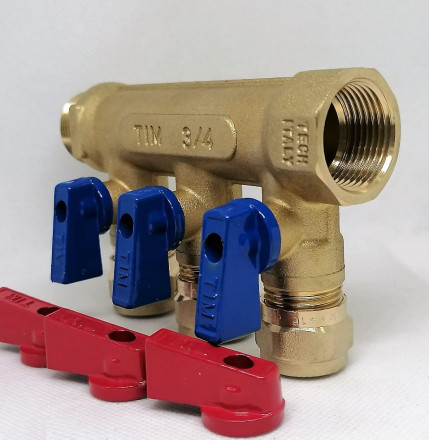 Сантехнический коллектор с шаровыми кранами TIM 3/4" - ф 16 цанга / 3 вых., 200-3/4(3) 