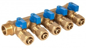 Сантехнический коллектор с шаровыми кранами TIM 3/4" - ф 16 цанга / 5 вых., 200-3/4(5)