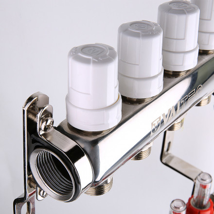 Коллекторная группа со встр. расходомерами и с регулирующими клапанами в сборе 1"х3/4" евроконус 3 вых. нерж. сталь Valtec VTc.589.EMNX.0603 вид 6