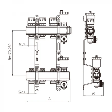 Коллекторная группа TIM без расходомеров 1"х3/4" 2 вых. латунь KB002