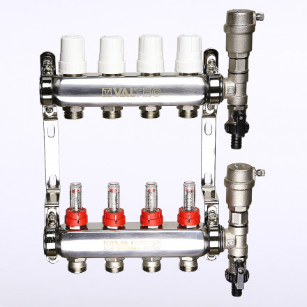Коллекторная группа со встр. расходомерами и с регулирующими клапанами в сборе 1"х3/4" евроконус 4 вых. нерж. сталь Valtec VTc.589.EMNX.0604 вид 3