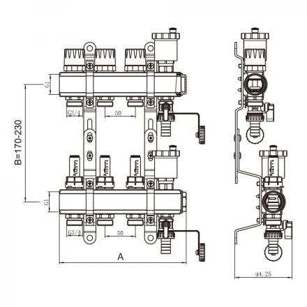 Коллекторная группа TIM со встр. расходомерами латунь 1"х3/4" 4 вых. KC004 схема