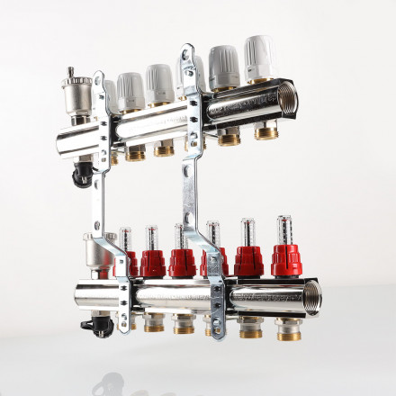 Коллекторная группа Valtec со встр. расходомерами и регулирующими клапанами в сборе 1"х3/4" евроконус 3 вых. латунь VTc.596.EMNX.0603 вид 2