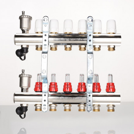 Коллекторная группа Valtec со встр. расходомерами и регулирующими клапанами в сборе 1"х3/4" евроконус 6 вых. латунь VTc.596.EMNX.0606 вид 2