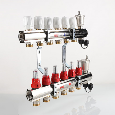 Коллекторная группа Valtec со встр. расходомерами и регулирующими клапанами в сборе 1"х3/4" евроконус 11 вых. латунь VTc.596.EMNX.0611 вид 6