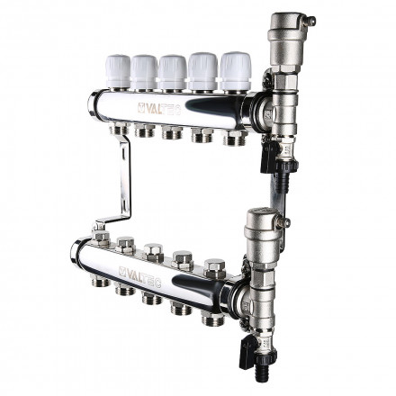 Коллекторная группа с регулирующими и балансировочными клапанами в сборе 1"х3/4" евроконус 6 вых. нерж. сталь Valtec VTc.588.EMNX.0606
