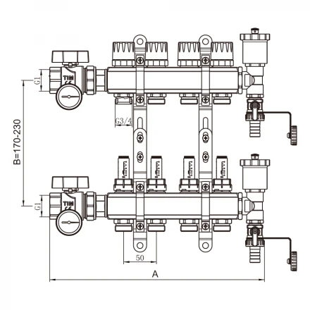 Коллекторная группа TIM со встр. р-мерами латунь в сборе 1"х3/4" 12 вых. KA012 схема